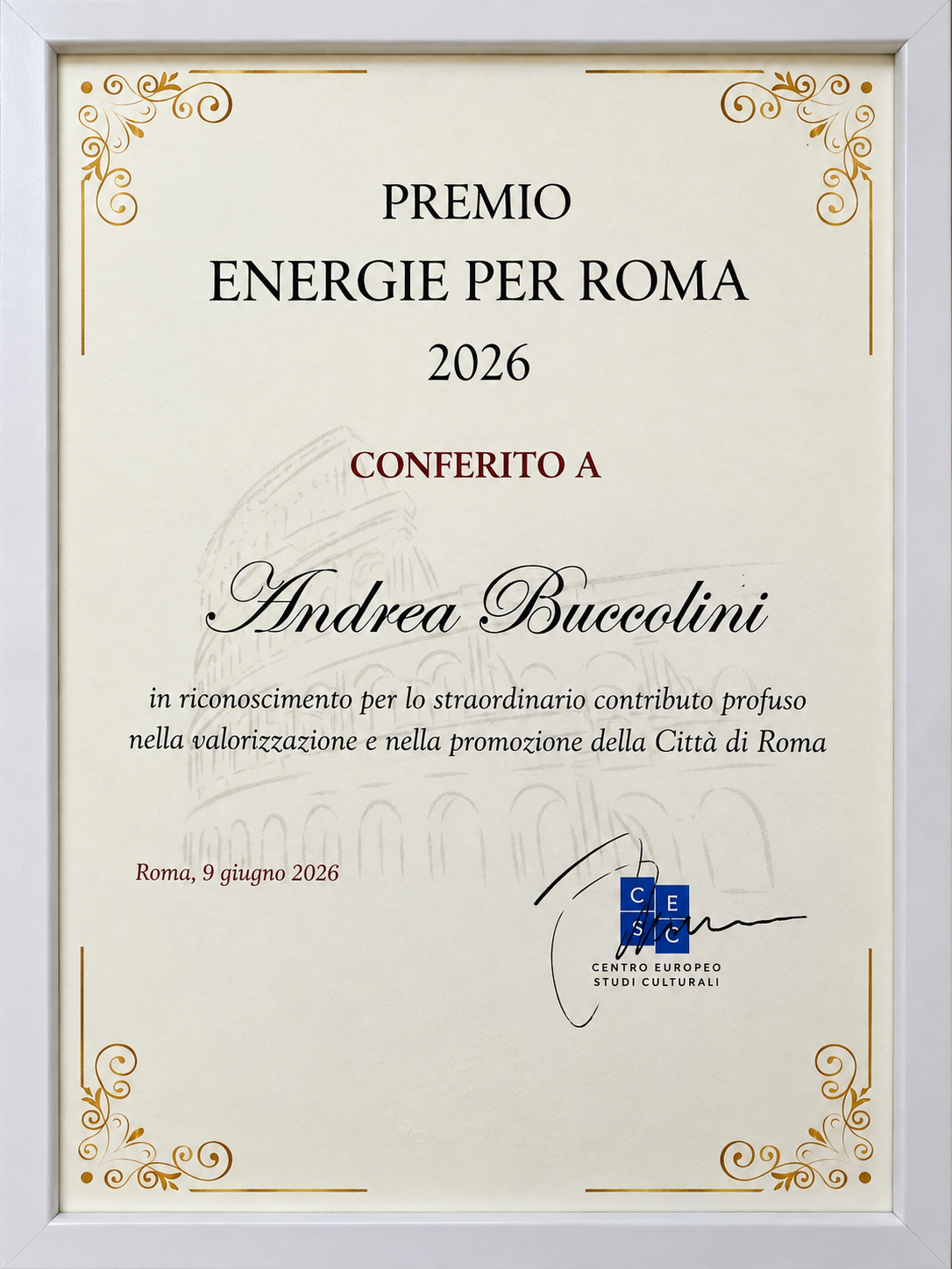 Premio Energie per Roma 2026 Andrea Buccolini